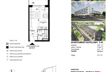 Rzut - Mieszkanie na sprzedaż 1 pokój o powierzchni 22,64 m² - numer 3.43 w Apartamentowiec Zwycięska 3 - inwestycyjne