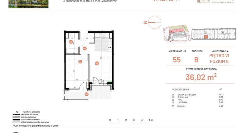 Rzut - Mieszkanie na sprzedaż 2 pokoje o powierzchni 36,02 m² - numer 12.55 w Osiedle Nowe Horyzonty etap III