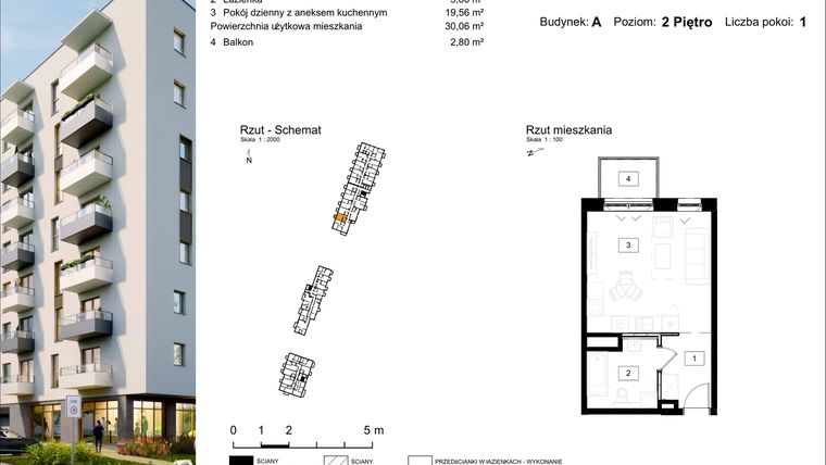 Rzut - Mieszkanie na sprzedaż 1 pokój o powierzchni 30,06 m² - numer A.21 w Osiedle Kochanowskiego - Gliwice