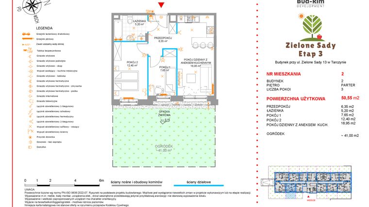 Rzut - Mieszkanie na sprzedaż 3 pokoje o powierzchni 50,55 m² - numer 2 w Zielone Sady etap III B2
