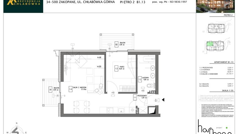 Rzut - Mieszkanie na sprzedaż 2 pokoje o powierzchni 35,6 m² - numer B1.13 w Rezydencja Chłabówka