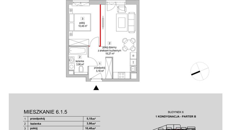 Rzut - Mieszkanie na sprzedaż 2 pokoje o powierzchni 39,3 m² - numer 6.1.5 w Osiedle Przyjemne III