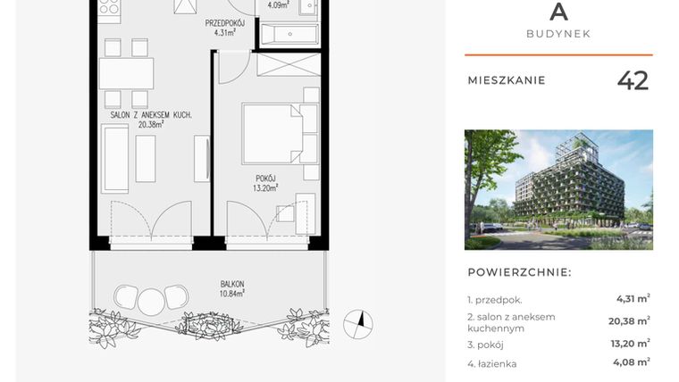 Rzut - Mieszkanie na sprzedaż 2 pokoje o powierzchni 41,97 m² - numer 42 w Semiramis