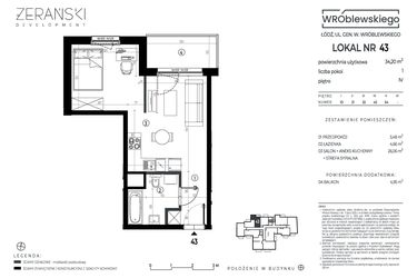 Rzut - Mieszkanie na sprzedaż 1 pokój o powierzchni 34,2 m² - numer A43 w Wróblewskiego