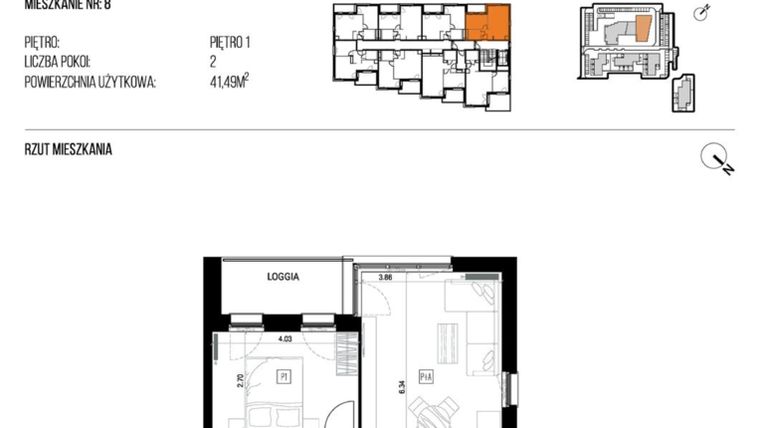 Rzut - Mieszkanie na sprzedaż 2 pokoje o powierzchni 41,49 m² - numer 22K/08 w NATURAMA II