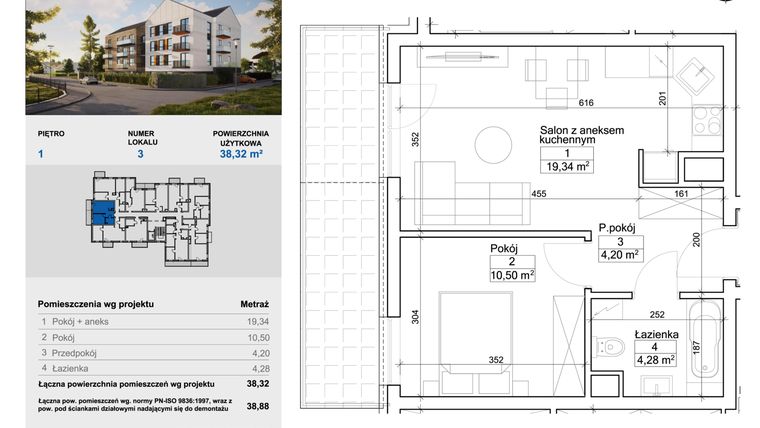 Rzut - Mieszkanie na sprzedaż 2 pokoje o powierzchni 38,57 m² - numer 3 w Balantia