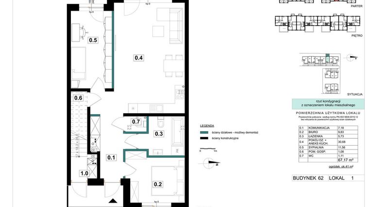 Rzut - Mieszkanie na sprzedaż 3 pokoje o powierzchni 67,17 m² - numer 62-1 w Błonie Bosco