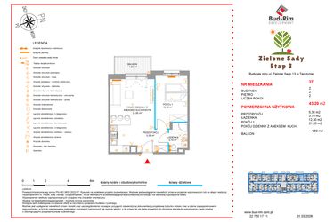 Rzut - Mieszkanie na sprzedaż 2 pokoje o powierzchni 43,2 m² - numer 37 w Zielone Sady etap III B2