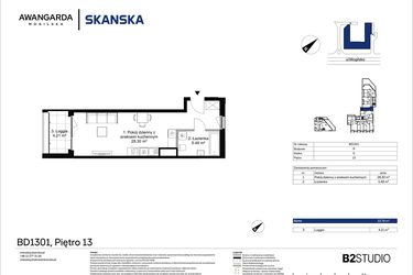 Rzut - Mieszkanie na sprzedaż 1 pokój o powierzchni 33,78 m² - numer 1BD1301 w Awangarda Mogilska