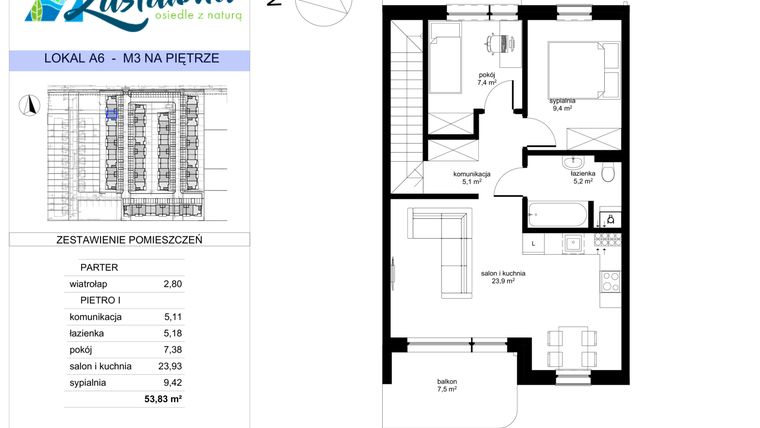 Rzut - Mieszkanie na sprzedaż 3 pokoje o powierzchni 53,83 m² - numer A.6 w Zastawna OdNova