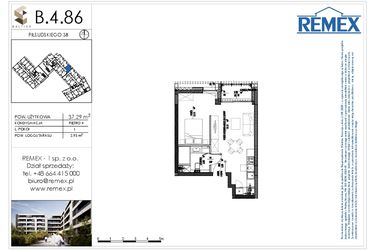 Rzut - Mieszkanie na sprzedaż 1 pokój o powierzchni 37,32 m² - numer B.4.86 w Osiedle BALTICA