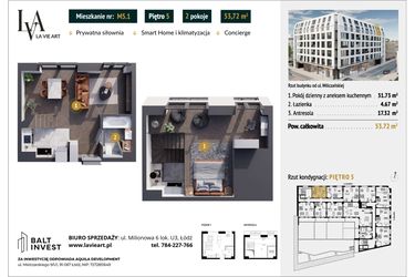 Rzut - Mieszkanie na sprzedaż 2 pokoje o powierzchni 53,72 m² - numer M5.1 w La Vie Art