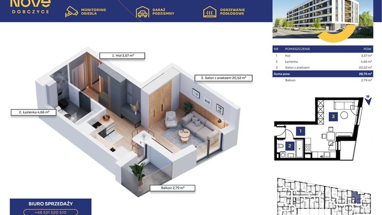 Rzut - Mieszkanie na sprzedaż 1 pokój o powierzchni 28,75 m² - numer M23 w Nove Dobczyce