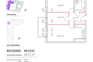 Rzut - Mieszkanie na sprzedaż 3 pokoje o powierzchni 60,15 m² - numer D102 w Osiedle Impresja 2