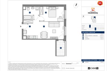 Rzut - Mieszkanie na sprzedaż 2 pokoje o powierzchni 44,75 m² - numer B.32 w Osiedle przy Malborskiej II