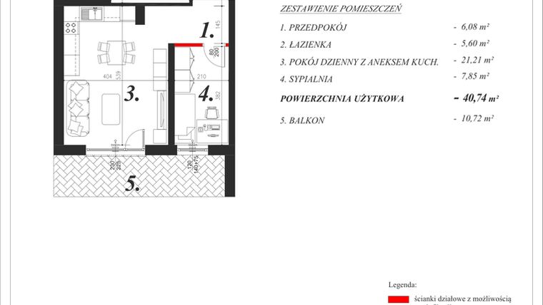 Rzut - Mieszkanie na sprzedaż 2 pokoje o powierzchni 40,74 m² - numer 24 w Enklawa Milanówek
