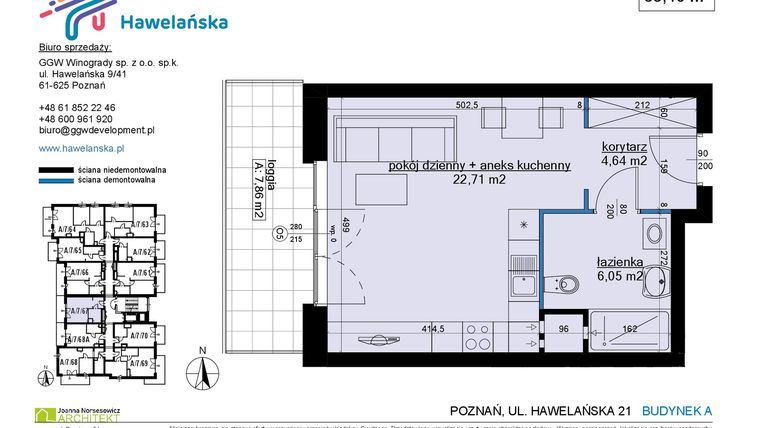 Rzut - Mieszkanie na sprzedaż 1 pokój o powierzchni 33,57 m² - numer A/7/67 w Osiedle Hawelańska etap III - bud. A