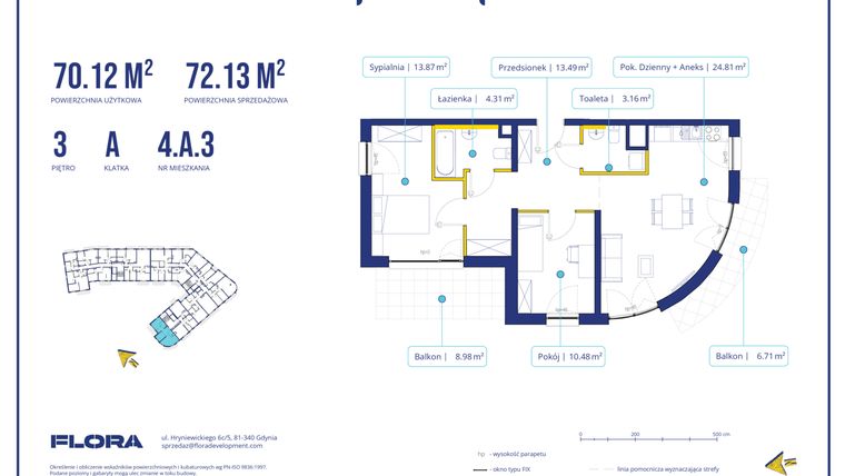 Rzut - Mieszkanie na sprzedaż 3 pokoje o powierzchni 70,12 m² - numer 4A3 w Piotra 4