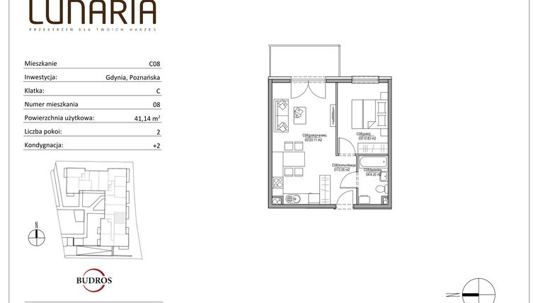 Rzut - Mieszkanie na sprzedaż 2 pokoje o powierzchni 41,14 m² - numer C08 w Lunaria
