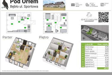 Rzut - Mieszkanie na sprzedaż 4 pokoje o powierzchni 65,31 m² - numer B1 w Pod Orłem