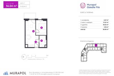 Rzut - Mieszkanie na sprzedaż 2 pokoje o powierzchni 36,04 m² - numer 2.C.1.05 w Murapol Osiedle Filo etap II