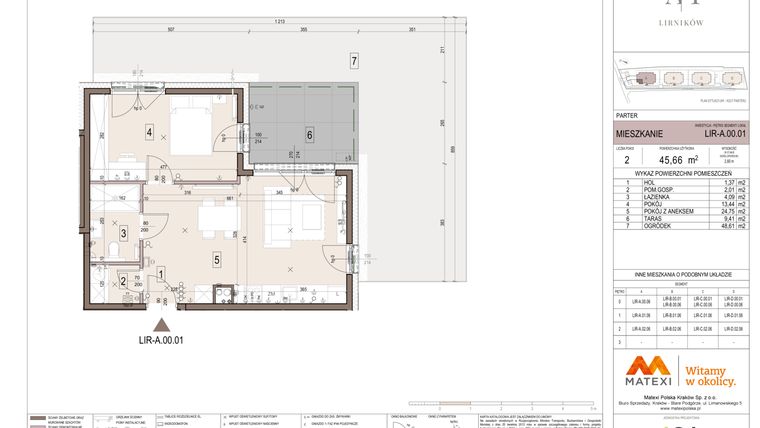 Rzut - Mieszkanie na sprzedaż 2 pokoje o powierzchni 45,66 m² - numer A.00.01 w Takt Lirników