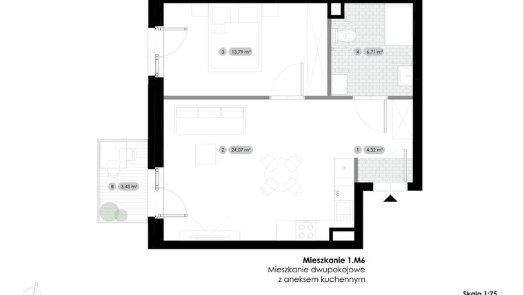 Rzut - Mieszkanie na sprzedaż 2 pokoje o powierzchni 48,89 m² - numer 1.M6 w Stalowa 76