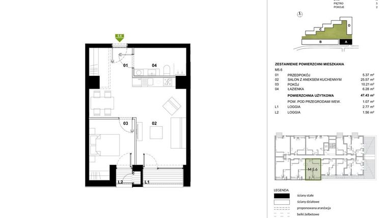 Rzut - Mieszkanie na sprzedaż 2 pokoje o powierzchni 47,37 m² - numer A.5.6 w Kozielska Park