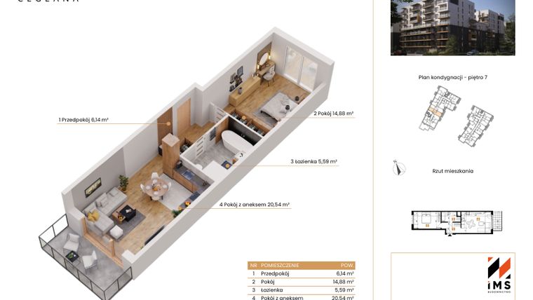 Rzut - Mieszkanie na sprzedaż 2 pokoje o powierzchni 47,02 m² - numer D.7.1 w Rondo Ceglana etap II