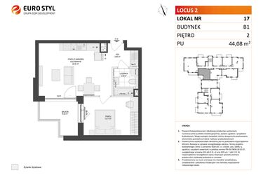 Rzut - Mieszkanie na sprzedaż 2 pokoje o powierzchni 44,08 m² - numer 17 w Locus 2