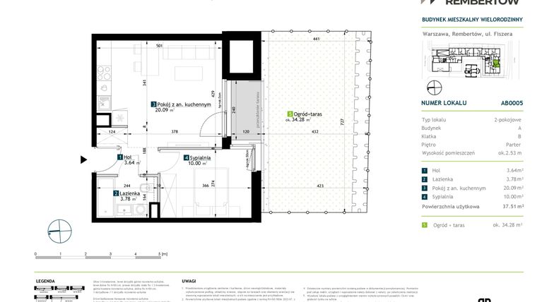 Rzut - Mieszkanie na sprzedaż 2 pokoje o powierzchni 37,51 m² - numer AB0005 w Stacja Rembertów