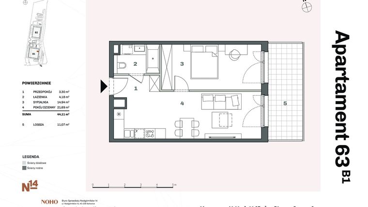 Rzut - Mieszkanie na sprzedaż 2 pokoje o powierzchni 44,33 m² - numer B1.63 w Nadgórników 14