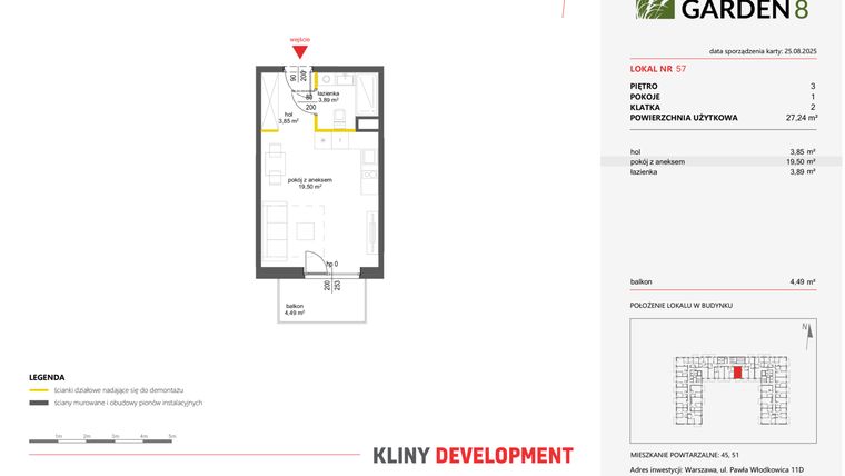 Rzut - Mieszkanie na sprzedaż 1 pokój o powierzchni 27,24 m² - numer 57 w Nova Viva Garden 8
