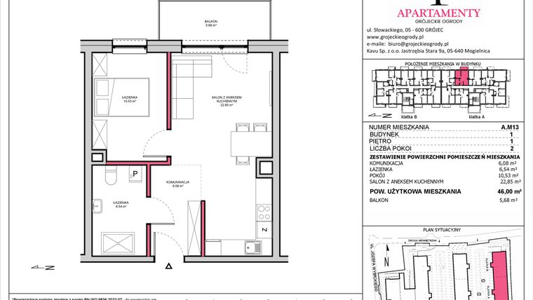 Rzut - Mieszkanie na sprzedaż 2 pokoje o powierzchni 46 m² - numer A.13 w Apartamenty Grójeckie Ogrody