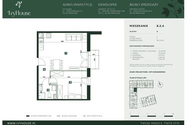 Rzut - Mieszkanie na sprzedaż 3 pokoje o powierzchni 44,13 m² - numer B.2.4 w IVY HOUSE