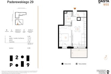 Rzut - Mieszkanie na sprzedaż 2 pokoje o powierzchni 38,82 m² - numer B55 w Paderewskiego 29
