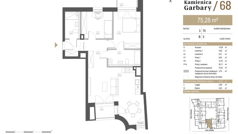 Rzut - Mieszkanie na sprzedaż 3 pokoje o powierzchni 75,28 m² - numer 70 w Garbary 68