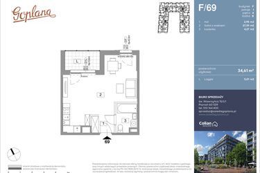 Rzut - Mieszkanie na sprzedaż 1 pokój o powierzchni 34,61 m² - numer F69 w Goplana budynek F