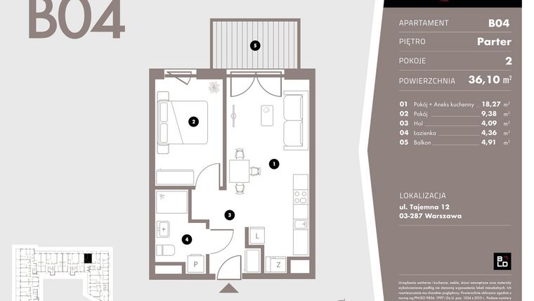 Rzut - Mieszkanie na sprzedaż 2 pokoje o powierzchni 36,1 m² - numer B04 w Livo