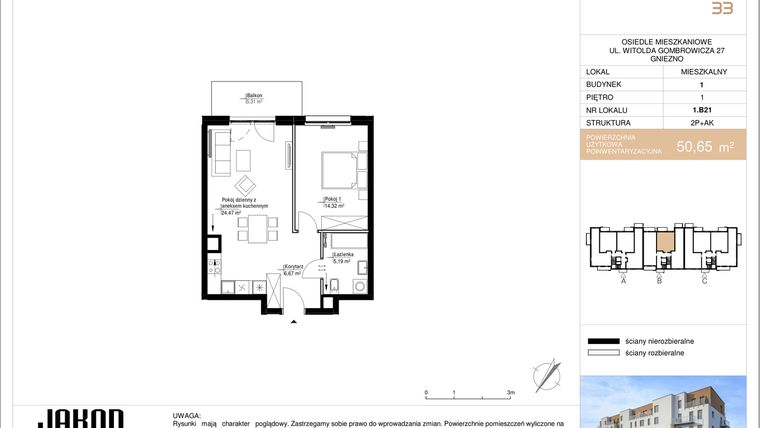 Rzut - Mieszkanie na sprzedaż 2 pokoje o powierzchni 50,65 m² - numer 1.B21 w Gombrowicza 33