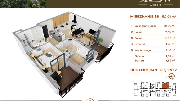 Rzut - Mieszkanie na sprzedaż 3 pokoje o powierzchni 52,91 m² - numer M38 w Osiedle SLOW