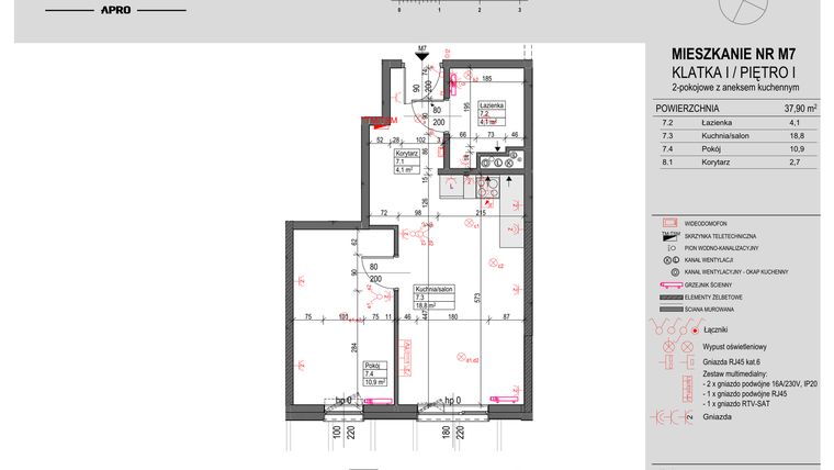 Rzut - Mieszkanie na sprzedaż 2 pokoje o powierzchni 37,9 m² - numer M7 w Antczaka 46