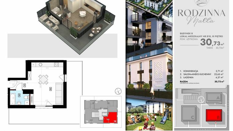 Rzut - Mieszkanie na sprzedaż 1 pokój o powierzchni 30,73 m² - numer B18 w Rodzinna Malta