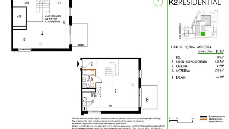 Rzut - Mieszkanie na sprzedaż 1 pokój o powierzchni 81,13 m² - numer 52 w Kowalskiego 37