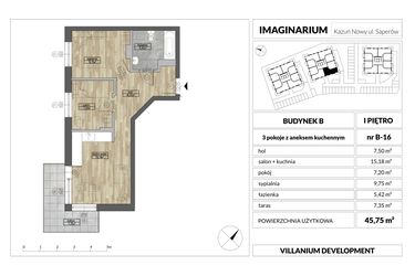 Rzut - Mieszkanie na sprzedaż 3 pokoje o powierzchni 45,75 m² - numer 16 w Imaginarium Kazuń Nowy - bud. B