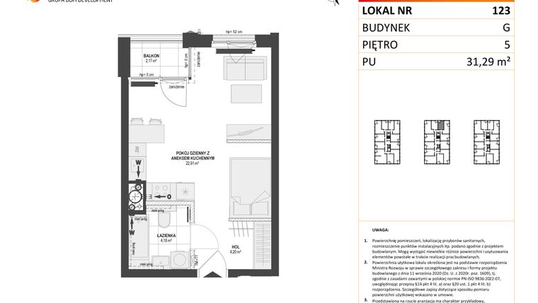 Rzut - Mieszkanie na sprzedaż 1 pokój o powierzchni 31,29 m² - numer G.123 w DOKI etap II (bud. G)