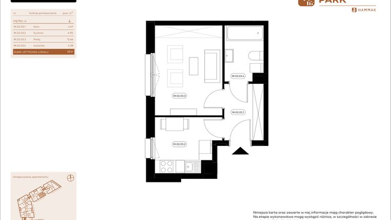 Rzut - Mieszkanie na sprzedaż 1 pokój o powierzchni 28,61 m² - numer 2.03 w Białoprądnicka Park
