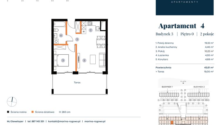 Rzut - Mieszkanie na sprzedaż 2 pokoje o powierzchni 43,61 m² - numer 4 w Apartamenty Marina Rogowo