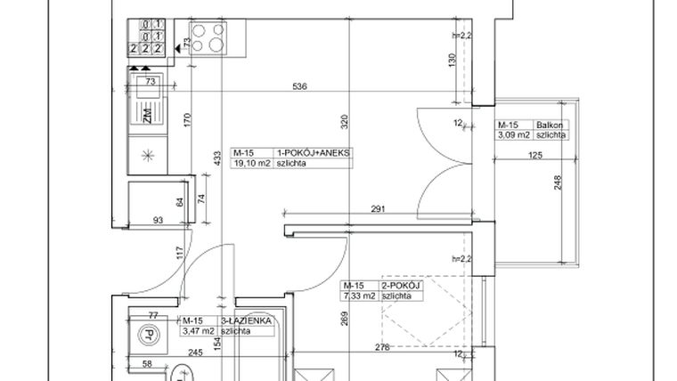 Rzut - Mieszkanie na sprzedaż 2 pokoje o powierzchni 29,9 m² - numer 15 w Bydgoska 19