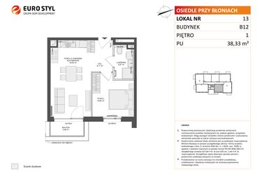 Rzut - Mieszkanie na sprzedaż 2 pokoje o powierzchni 38,33 m² - numer B12.13 w Osiedle Przy Błoniach 3 etap IV